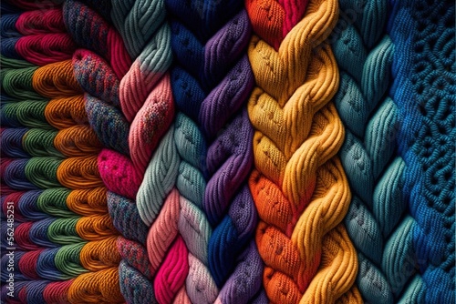  a multicolored crochet blanket with a large knot of yarn on top of it in a row of colors of different shades of varying colors, with a black, red, orange, yellow, blue, green, pink. Generative AI