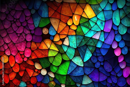 a colorful wall with many different colors of glass on it's side and a candle...