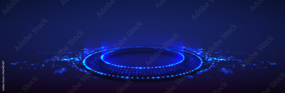 Futuristic technology podium. Neon glowing ring on floor made of particles with dept of field for gaming product presentetion. Round pedestal on dark blue background. Futuristic product stand template - obrazy, fototapety, plakaty 