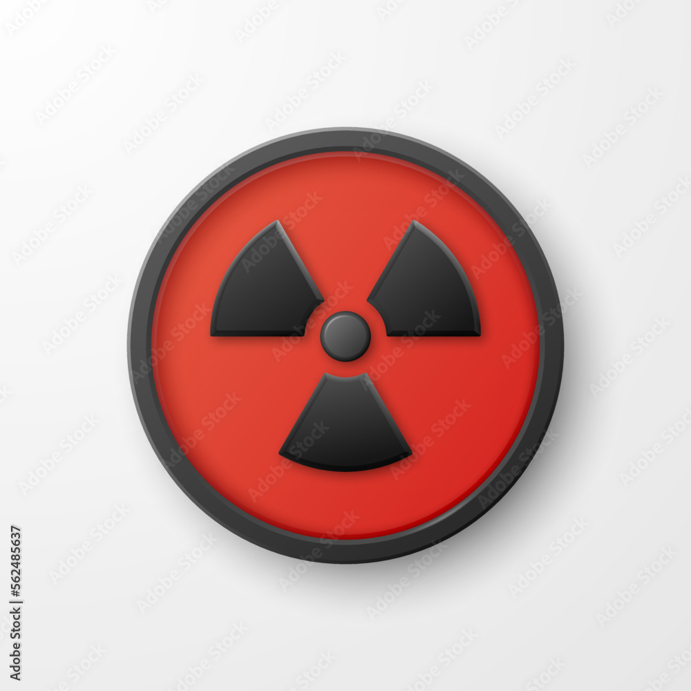 Vector 3d Realistic Round Red and Black Warning, Danger Nuclear Symbol Isolated on White Background. Radioactive Warning Sign, Pin Badge, Button. Design Template. Front, Top View Vector 3d Realistic Round Red and Black Warning, Danger Nuclear Symbol Isolated on White Background. Radioactive Warning Sign, Pin Badge, Button. Design Template. Front, Top View