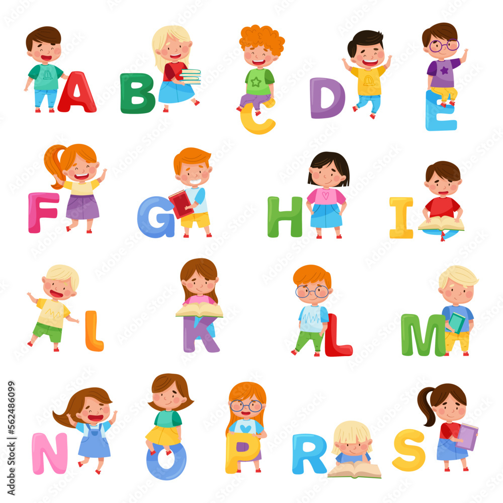 Cheerful Kids and Big Alphabet Letters Vector Set