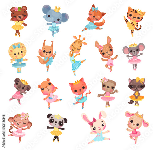 Cute Animal Ballerina in Tutu Skirt and Pointe Shoes Dancing Ballet Vector Set