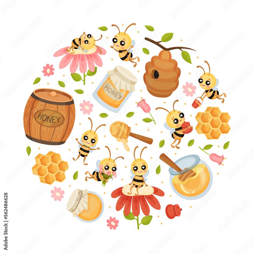 Cute Honey Bee Round Composition Design with Busy Insect and Natural Sweet Food Vector Template