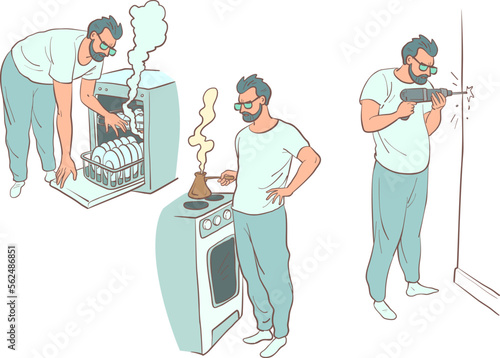 A man does household chores, dismantles the dishwasher, prepares coffee in the morning and drills the wall with a drill. Responsible husband doing homework.