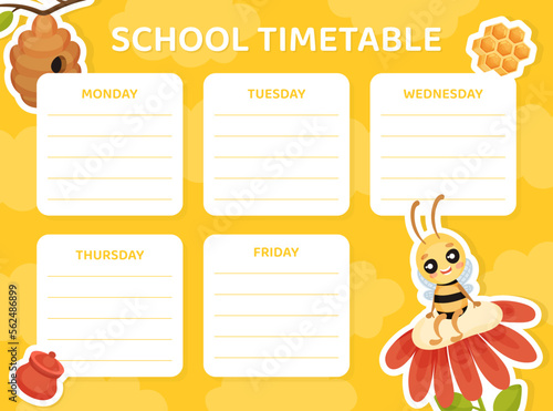 Cute Honey Bee School Timetable Design with Busy Insect on Flower Vector Template
