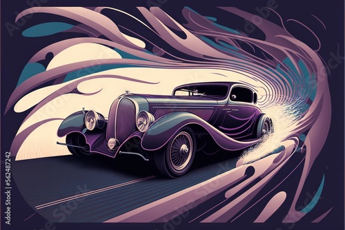 a car driving through a tunnel of smoke and water with a sky background and a purple swirl in the background with a blue and white swirl in the center of the front of the image. Generative AI