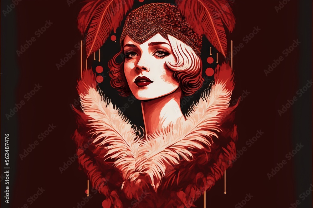a woman with a feathered hat and feathers on her head is shown in a red
