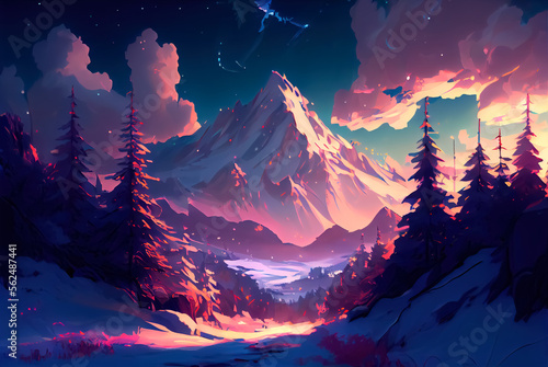Snowy colorful mountain with forest and clouds by AI. Magic, calmness and anime style.