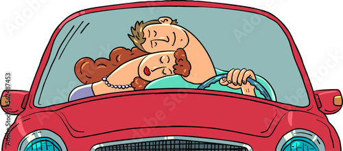 A man and a woman in love are driving together in a car. A married couple overcomes any obstacles together and moves towards a brighter future.