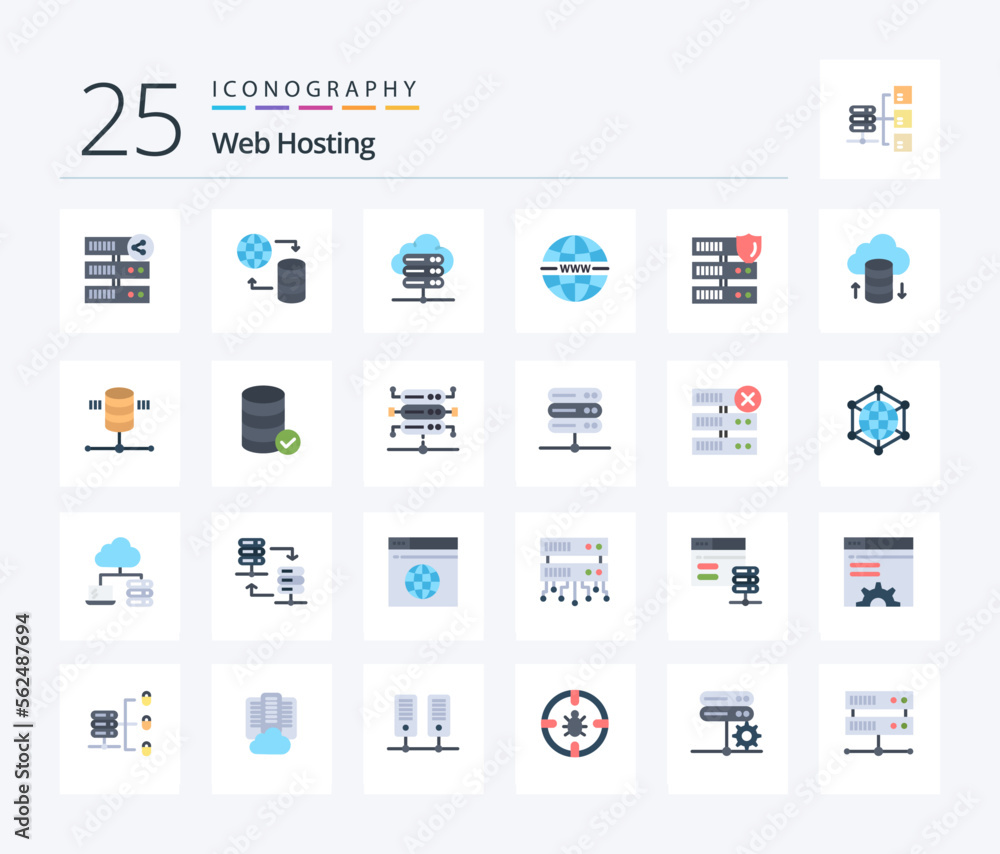 Web Hosting 25 Flat Color icon pack including network. web. web. system. internet