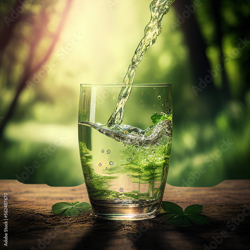 Water puring into glass over sunlight and nature, generative ai
