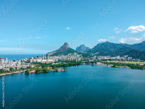 High-angle view of a neighborhood near a lagoon in Rio de Janeiro city