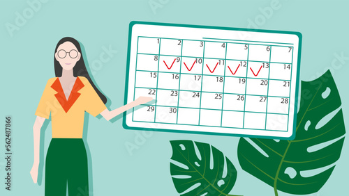 A girl with glasses points to a calendar with ticked days, in green and orange colors with a monster plant decorating the background. Flat vector illustration