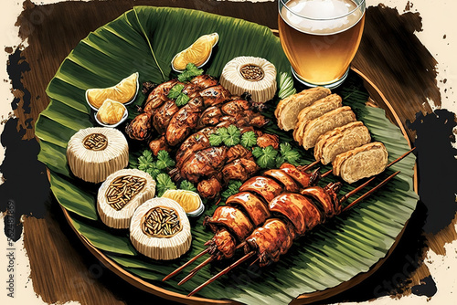 Scallops and pork barbecue are served on banana leaves. Beer and Filipino appetizers go together frequently. Generative AI photo