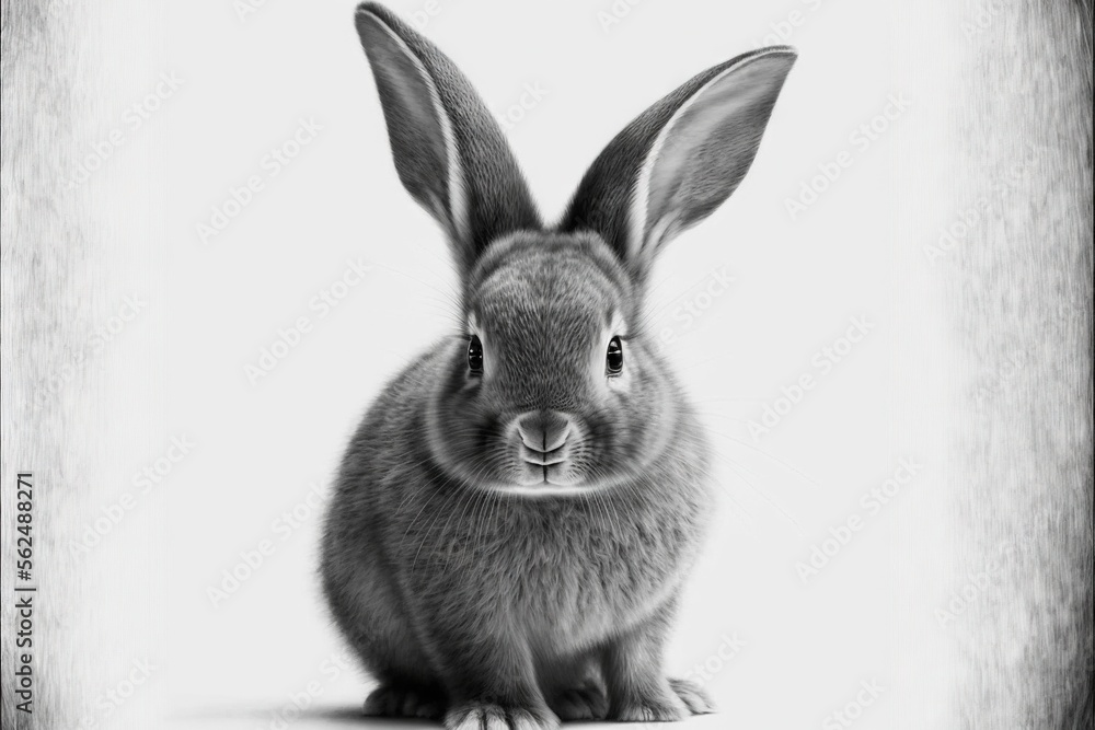 a black and white photo of a rabbit sitting down with its ears up and eyes closed, looking straight ahead, with a white background of a white background with a black border and white. Generative AI a black and white photo of a rabbit sitting down with its ears up and eyes closed, looking straight ahead, with a white background of a white background with a black border and white. Generative AI
