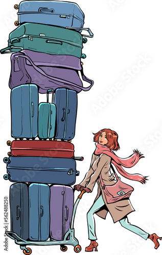 A girl with red hair in a coat and scarf is carrying a lot of luggage with her. Relocation of a person to another country. Moving to a new place.