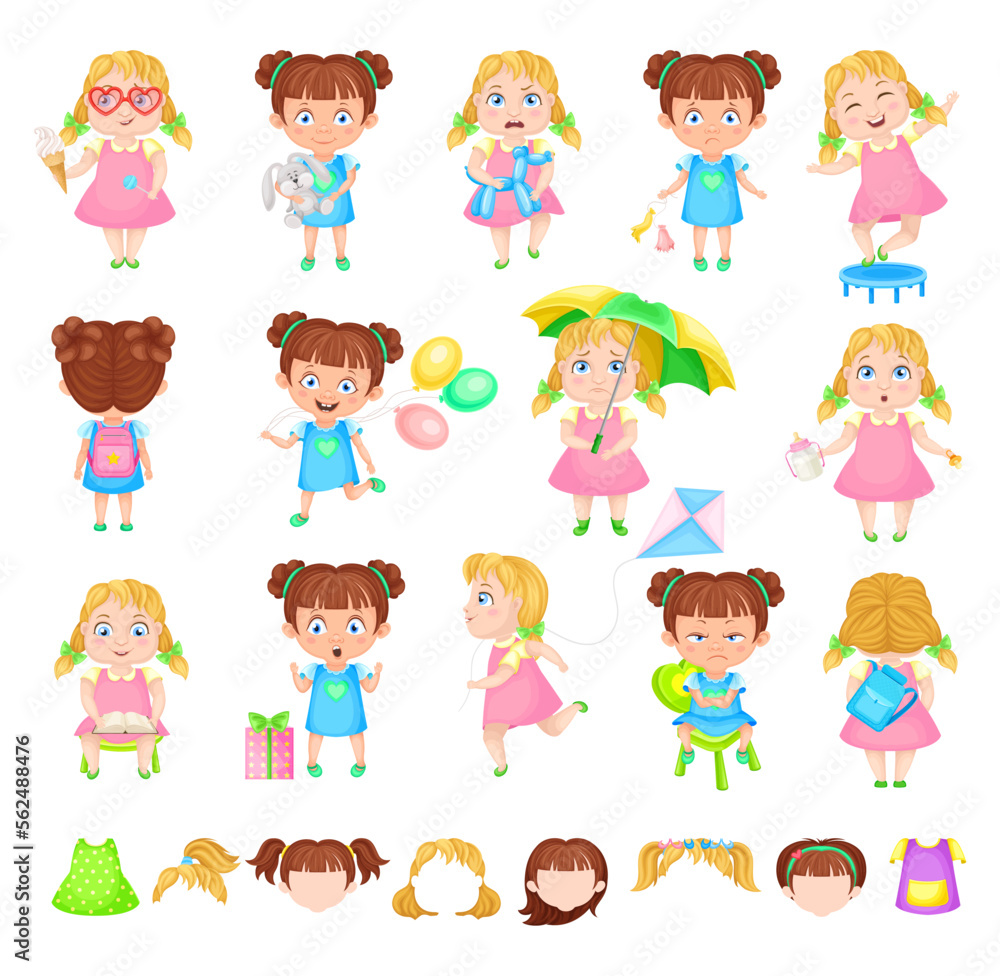 Little Girl Character Doing Different Activity with Various Hairstyle Vector Set Little Girl Character Doing Different Activity with Various Hairstyle Vector Set