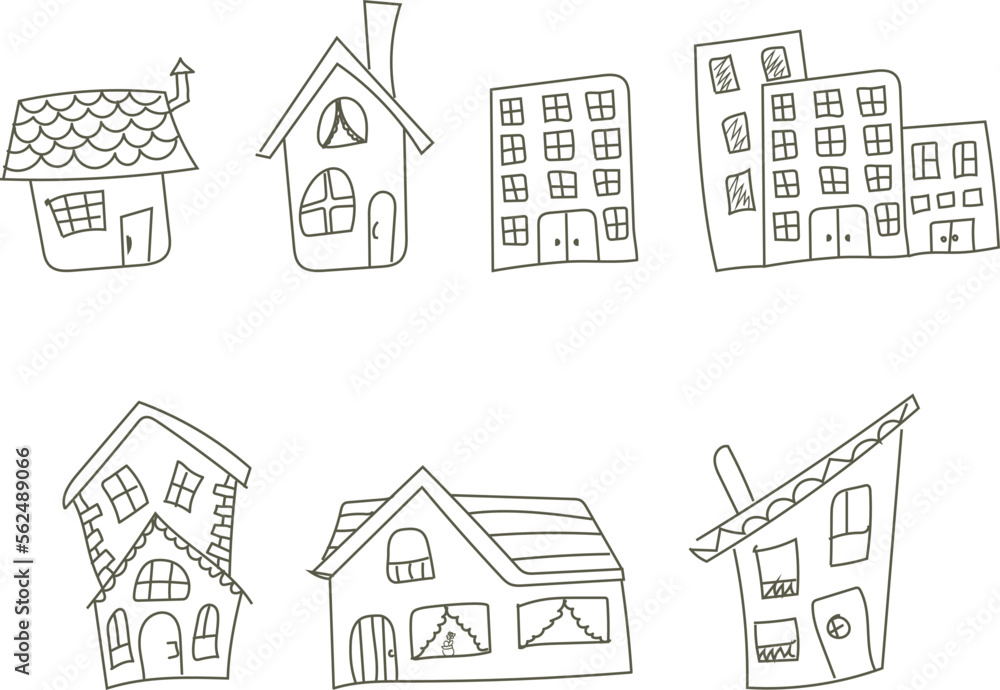 Set of isolated hand drawing outline country houses