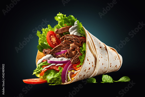 Delicious doner donair kebab wrap with meat, lettuce, tomato, red onion and sauce on dark solid background