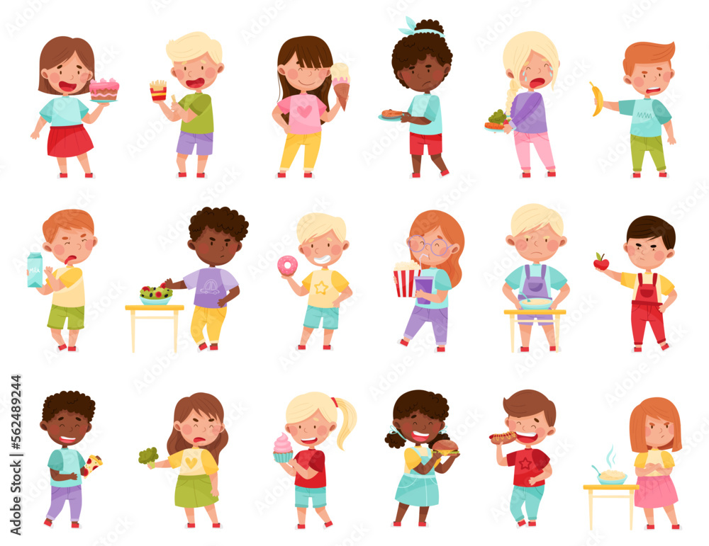 Kid Characters Showing Likes and Dislikes Towards Different Food Vector Illustration Set Kid Characters Showing Likes and Dislikes Towards Different Food Vector Illustration Set