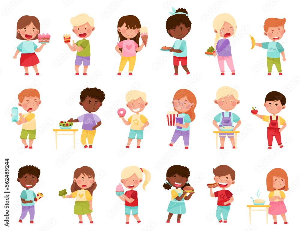 Kid Characters Showing Likes and Dislikes Towards Different Food Vector Illustration Set