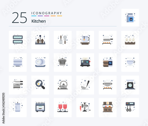 Kitchen 25 Flat Color icon pack including breakfast. frying pan. skimmer. food. tea