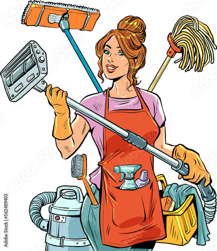 cleaning service A beautiful housewife girl organizes cleaning and life in her house for the whole family and herself. Multitasking housework for wife.