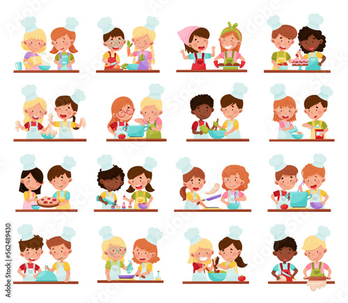 Smiling Boy and Girl Wearing Toque and Apron at Table Cooking Vector Illustration Set
