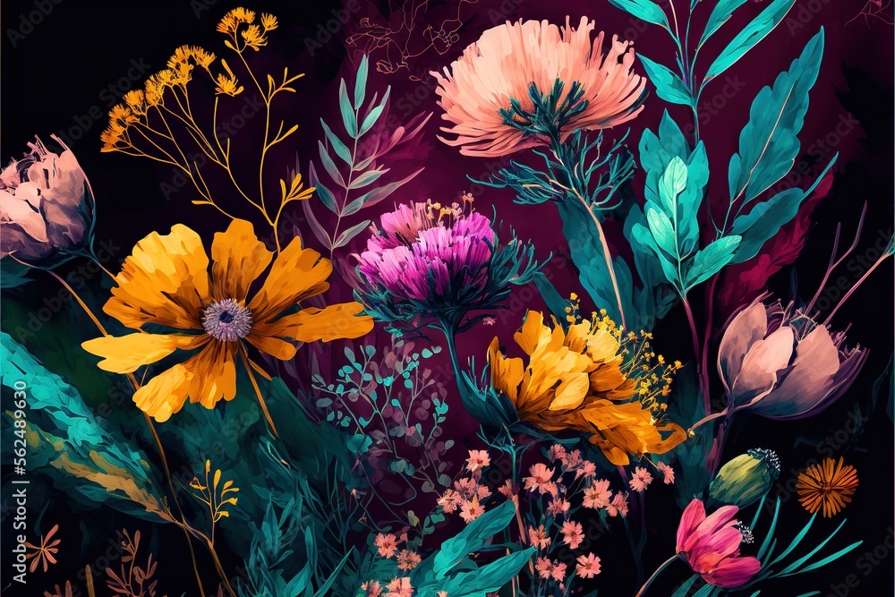 a painting of flowers and plants on a dark background with a black ...