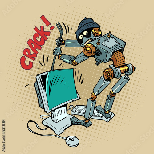A humanoid robot robber and a thief in a cap hacks into your computer. The problem of security and authentication in the digital space. Attack of hackers on your system.