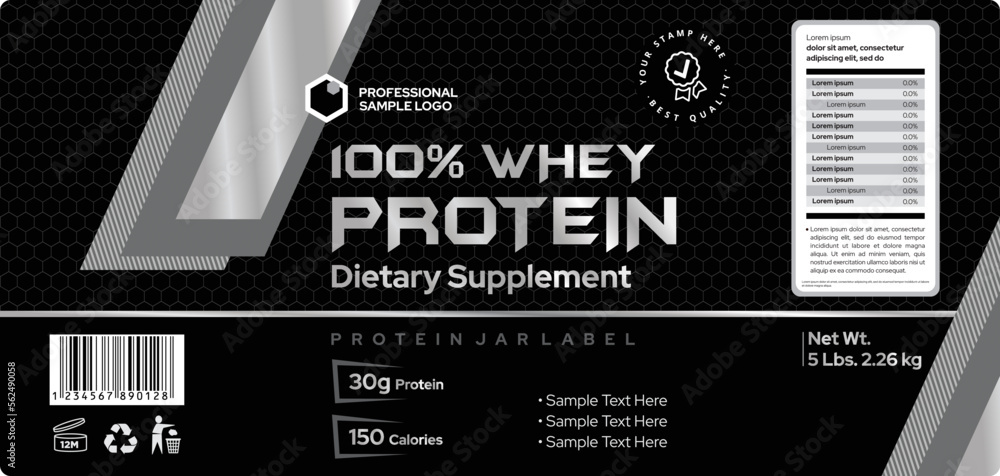 Whey Powder Protein Label Design, Dietary supplement label, Bottle label,  Package template design Stock Vector | Adobe Stock