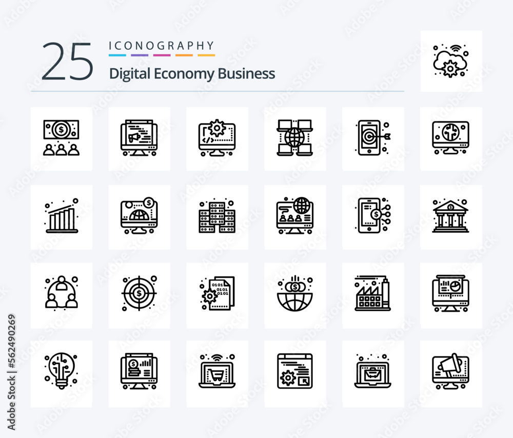 Digital Economy Business 25 Line icon pack including computer. smartphone. digital. target. business