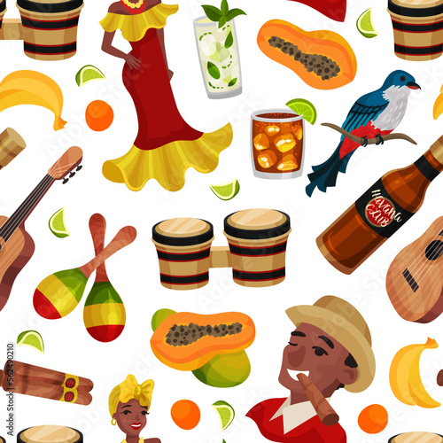Cuba Travel Seamless Pattern Design with National Symbol and Attributes Vector Template