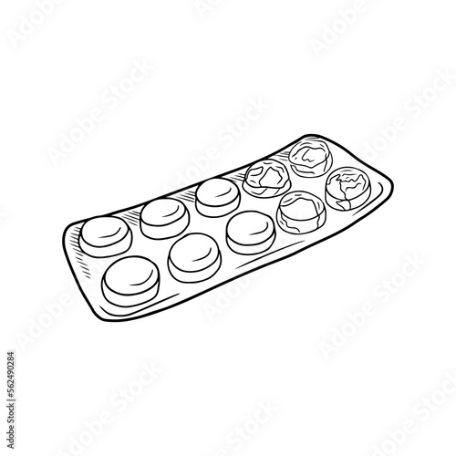Antibiotic drug blister for 10 tablets with 4 empty slots. Treatment process, doctor's prescription. Hand drawn vector sketch illustration in doodle simple outline vintage engraved style. Painkiller.