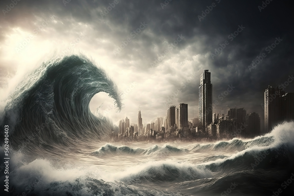 Large wave destroying a post apocalyptic skyline. Stormy post