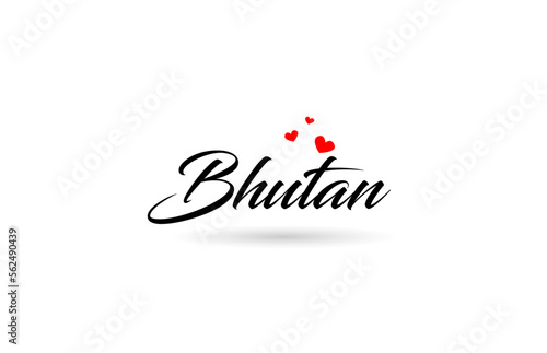 Bhutan name country word with three red love heart. Creative typography logo icon design