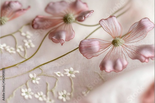  a close up of a pink flower on a white cloth with white flowers on it and a green stem on the side of the flower, and a white stem on the side of the. Generative AI