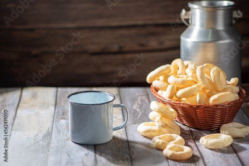 Biscuit, manioc flour cookies arranged on rustic wooden surface, selective focus.