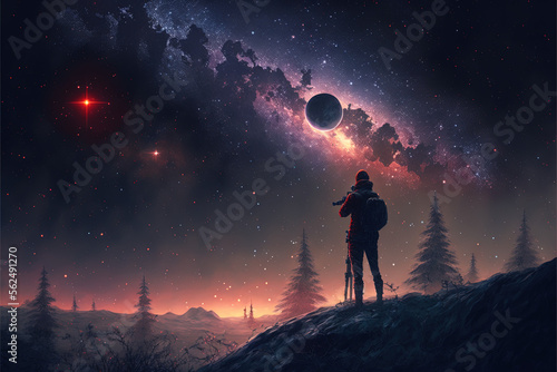 Vászonkép he astronomer observing starry night - Generative AI