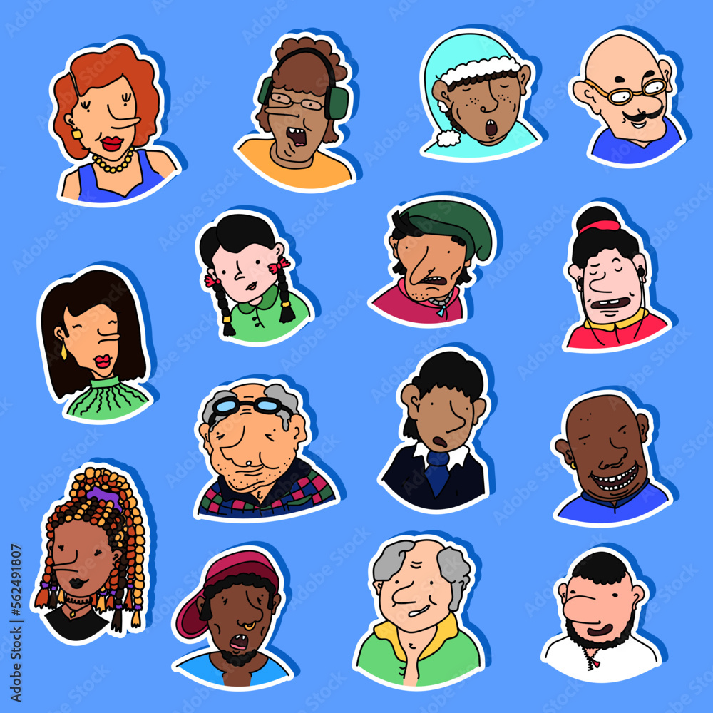 Collection of various hand drawn doodle stickers with people - children, teens, adults, seniors. Labels with cartoon characters with different emotions. Set of badges, patches with human portraits Collection of various hand drawn doodle stickers with people - children, teens, adults, seniors. Labels with cartoon characters with different emotions. Set of badges, patches with human portraits