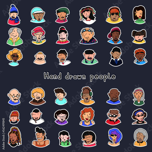 Collection of various hand drawn doodle stickers with people - children, teens, adults, seniors. Labels with cartoon characters with different emotions. Set of badges, patches with human portraits
