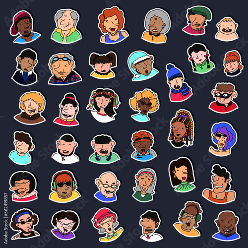 Collection of various hand drawn doodle stickers with people - children, teens, adults, seniors. Labels with cartoon characters with different emotions. Set of badges, patches with human portraits