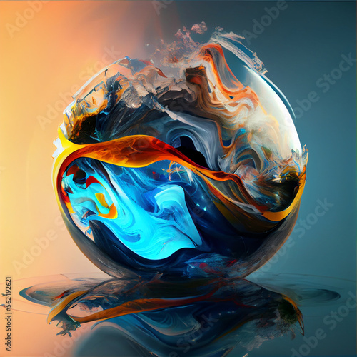 Captivating piece features a fluidic sphere, or "blob" prompt: liquid world, Generative AI, Generative, AI