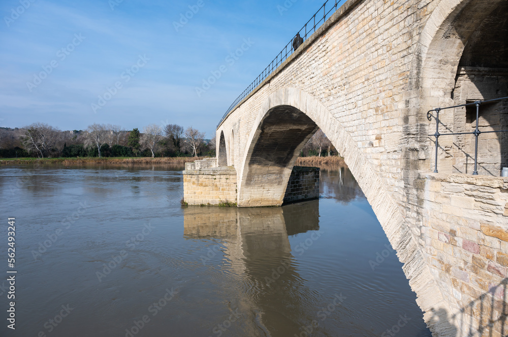 Avignon, Vaucluse, France - Side view over the historical Saint Benezet bridge and the River Lez