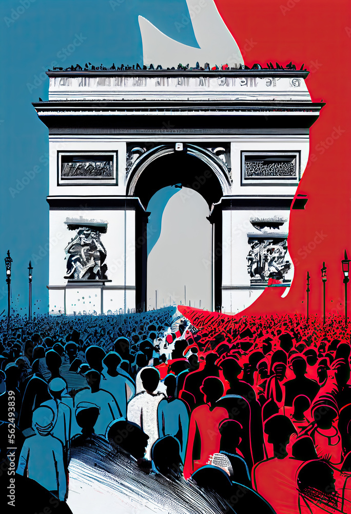 Manifestations en France. Gilets jaunes en grève. Réforme des retraites. Mouvement social, mobilisation générale. Illustration style dessin à la main. Generative AI