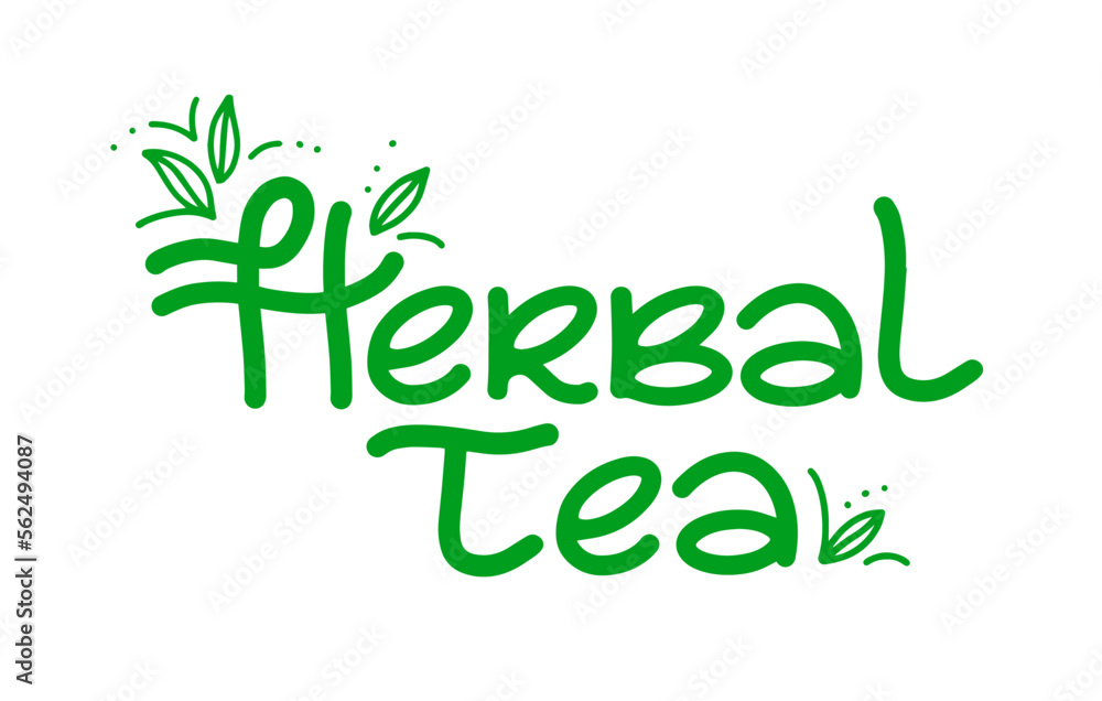 Fototapeta premium Herbal tea logo design, vector label for brand. Hand-drawn lettering. Template calligraphy decorated simple green leaves.