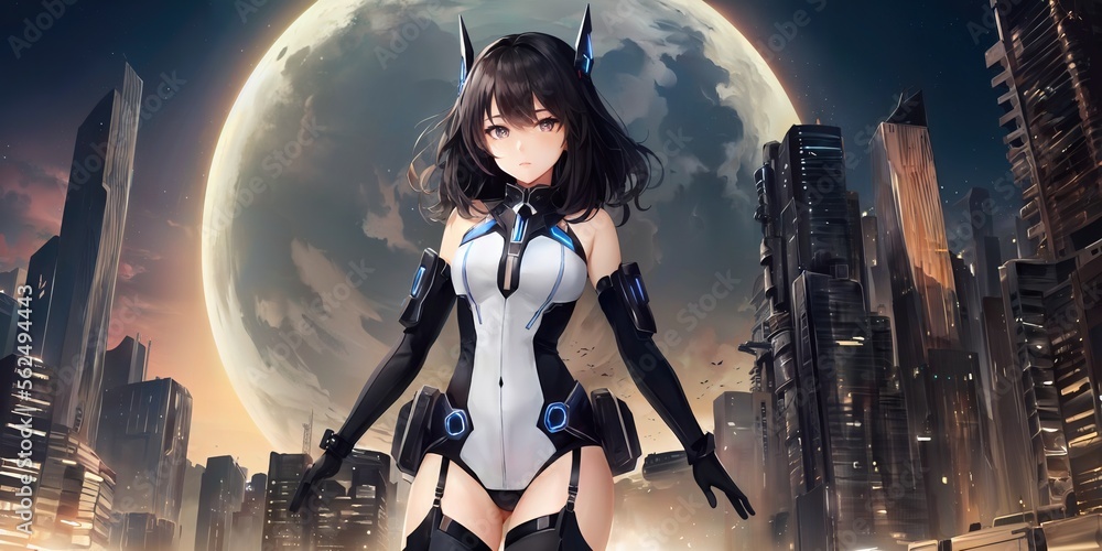 Fototapeta premium anime style art of a girl with long hair in a futuristic suit with headphones standing in front of a futuristic skyline