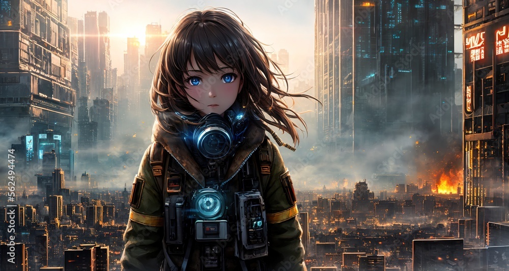 Fototapeta premium anime - inspired artwork of a woman in a gas mask standing in front a futuristic city