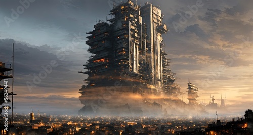 Fotografie a post apocalyptic modern city destroyed under a big sky at sunrise