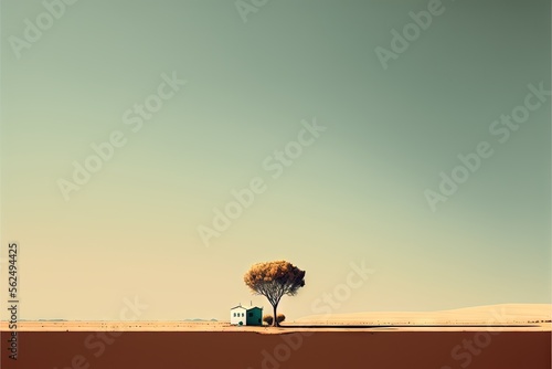  a lone tree in a desert landscape with a truck parked under it and a sky background with a few clouds in the distance  with a blue sky and a few clouds in the foreground. Generative AI